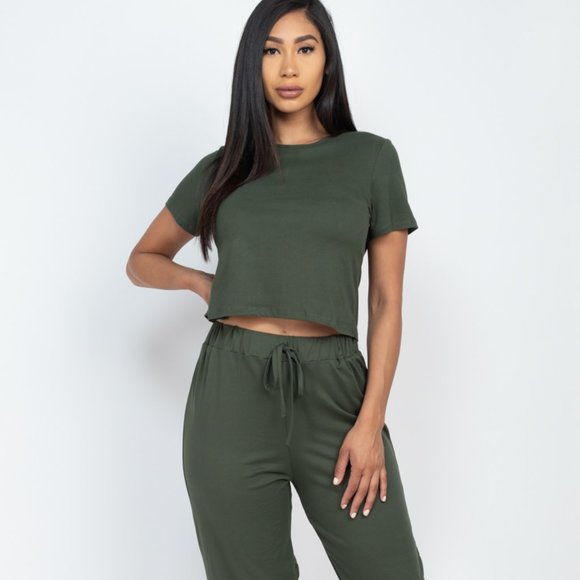 Capella Apparel Pants - Capella Apparel Solid Basic Loose Short Sleeve Top and Pants Set